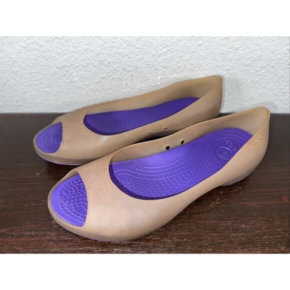 Womens Crocs Carlie Ballet Open Toe Flat Size 7 Dahlia Fuchsia Brown Purple - Picture 1 of 7